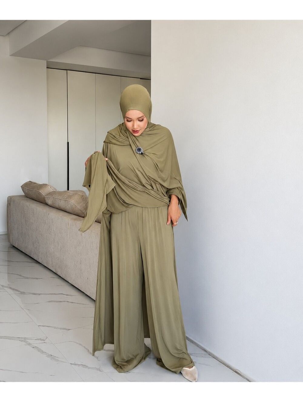 Muslim Women's One Size Khaki Prayer Abaya Set Dress & Hijab Viscose Blend New - Picture 2 of 7